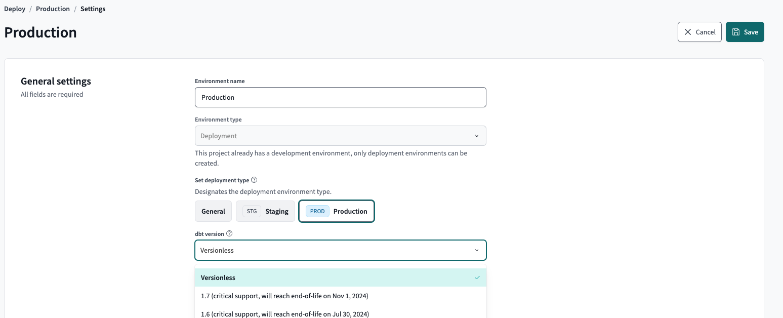 Example environment settings in dbt Cloud Example environment settings in dbt Cloud